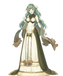 Rule 34 | 1girl, artist request, bare shoulders, blush, breasts, dress, elbow gloves, fire emblem, fire emblem echoes: shadows of valentia, fire emblem heroes, full body, fur trim, gloves, green eyes, green hair, hair ornament, hand up, head tilt, highres, long dress, looking at viewer, medium breasts, nintendo, official art, open mouth, sleeveless, smile, solo, standing, tatiana (fire emblem), transparent background, white gloves