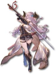 Rule 34 | 1girl, asymmetrical footwear, bare shoulders, belt, blue eyes, boots, braid, coat, draph, elbow gloves, fingerless gloves, full body, gloves, granblue fantasy, granblue fantasy versus, hair ornament, hair over one eye, highres, holding, holding sword, holding weapon, horns, katana, knee boots, minaba hideo, narmaya (granblue fantasy), official art, parted lips, pink hair, pointy ears, sheath, simple background, sleeveless, solo, standing, sword, thigh boots, thigh strap, thighhighs, uneven footwear, weapon, white background