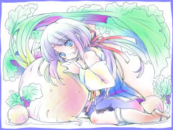 Rule 34 | 1girl, blue eyes, boots, detached sleeves, dress, faux traditional media, hair ribbon, highres, mist (rune factory), multicolored hair, open mouth, oversized object, purple hair, ribbon, rune factory, rune factory 1, sitting, smile, solo, tama two (fukuya), turnip, white hair