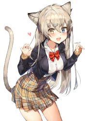 Rule 34 | 1girl, :d, ahoge, animal ear fluff, animal ears, artist name, black jacket, blazer, blouse, blue eyes, blush, bow, bowtie, bra, bra peek, breasts, button gap, buttons, cat ears, cat tail, claw pose, collared shirt, commentary request, cowboy shot, hair between eyes, hair ornament, hairclip, hands up, heart, heterochromia, highres, jacket, leaning forward, long hair, long sleeves, looking at viewer, medium breasts, miniskirt, mo:oku, open clothes, open jacket, open mouth, original, pink bra, plaid, plaid skirt, pleated skirt, red bow, red bowtie, school uniform, shirt, shirt tucked in, silver hair, simple background, skirt, smile, solo, standing, striped, tail, thighs, underwear, white background, white shirt, wing collar, yellow eyes, yellow skirt