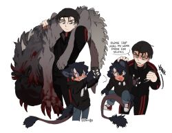 Rule 34 | 2boys, animal ears, animal hands, arms up, black eyes, black hair, black hoodie, black jacket, black pants, blood, blue eyes, carrying, carrying person, child, claws, closed mouth, commentary, deviidog0, english commentary, english text, full body, fur-tipped tail, grin, highres, holding, holding phone, hood, hood down, hood grab, hoodie, horns, jacket, looking at another, looking at object, male focus, monster, monster boy, multiple boys, multiple views, open mouth, original, over shoulder, pants, phone, short hair, simple background, smile, speech bubble, standing, tail, upper body, very short hair, white background, white horns