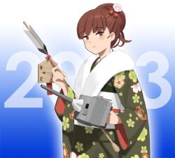 Rule 34 | 1girl, 2023, adapted turret, arrow (projectile), blush, brown eyes, brown hair, cannon, closed mouth, commentary request, cowboy shot, ema, floral print, full body, fur-trimmed kimono, fur trim, green kimono, hamaya, japanese clothes, kantai collection, kimono, long hair, long sleeves, obi, official art, ooi (kancolle), sash, shibafu (glock23), smile, solo, transparent background, turret, wide sleeves
