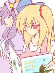 Rule 34 | 2girls, aged up, apron, barcode, blonde hair, blush, book, crescent, female focus, flan-maman (goma), flandre scarlet, goma (gomasamune), hat, long hair, multiple girls, no headwear, patchouli knowledge, purple eyes, purple hair, red eyes, side ponytail, simple background, touhou, translation request, white background