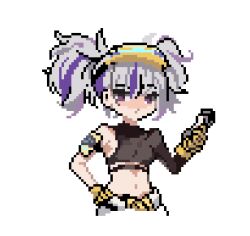 Rule 34 | 1girl, black shirt, breasts, clothes around waist, crop top, drilley (nikke), gloves, goddess of victory: nikke, grey hair, holding, jacket, jacket around waist, konatae, looking at viewer, midriff, multicolored hair, navel, pixel art, purple eyes, purple hair, shirt, short twintails, simple background, single sleeve, small breasts, solo, streaked hair, twintails, two-tone hair, white background, yellow gloves