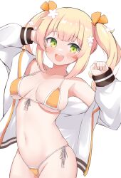 Rule 34 | 1girl, bikini, blonde hair, blush, breasts, cocozasa, collarbone, flower, front ponytail, green eyes, hair between eyes, hair flower, hair ornament, highres, hololive, jacket, large breasts, long hair, looking at viewer, momosuzu nene, navel, open clothes, open jacket, open mouth, side-tie bikini bottom, sidelocks, solo, swimsuit, twintails, virtual youtuber