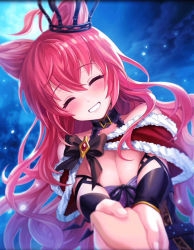 Rule 34 | 1girl, ahoge, alternate costume, artist request, blush, bow, breasts, capelet, cleavage, collar, crown hair ornament, closed eyes, fur trim, hair ears, hair ornament, hand grab, large breasts, long hair, night, night sky, official art, phantom of the kill, red hair, sky, smile, yagrush (phantom of the kill)