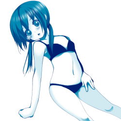 Rule 34 | 1girl, blue theme, blush, bra, female focus, flat chest, lingerie, long hair, monochrome, mosho, panties, simple background, solo, twintails, underwear, underwear only