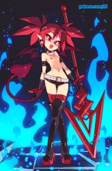 Rule 34 | 1girl, absurdres, belt, black footwear, black gloves, blue fire, boots, breasts, collar, commentary, crossed legs, demon girl, demon tail, demon wings, disgaea, earrings, elder spear, etna (disgaea), fire, full body, gloves, high heel boots, high heels, highres, jewelry, looking at viewer, makai senki disgaea, micro shorts, nipples, planted, pointy ears, polearm, red eyes, red hair, red thighhighs, rtil, shorts, skull earrings, small breasts, solo, spear, standing, tail, thigh boots, thigh gap, thighhighs, thighhighs under boots, topless, twintails, watson cross, weapon, white belt, wings