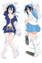 Rule 34 | 1girl, alternate costume, barefoot, bed, blue hair, blue shorts, blue skirt, blush, bow, embarrassed, from side, gloom (expression), hair between eyes, hair bow, medium hair, mole, mole under eye, necktie, nisekoi, open clothes, open mouth, orange necktie, red eyes, sailor collar, sailor shirt, school uniform, shaded face, shirt, shorts, simple background, skirt, socks, solo, thighs, tsugumi seishirou