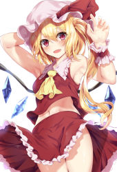 Rule 34 | 1girl, arm behind head, armpits, blonde hair, commentary request, cowboy shot, crystal, fang, flandre scarlet, hair between eyes, hat, kaeranu kaeru, long hair, looking at viewer, midriff, mob cap, navel, open mouth, red eyes, red shirt, shirt, side ponytail, simple background, sleeveless, smile, solo, thighs, touhou, white background, white hat, wings, wrist cuffs
