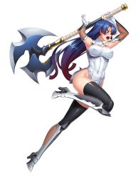 Rule 34 | 1girl, armor, armpits, arms up, axe, bare shoulders, battle axe, black thighhighs, blue hair, breasts, cleavage, cleavage cutout, clothing cutout, commentary request, covered navel, curvy, dress, elbow gloves, female focus, fishnets, full body, gloves, highres, holding, holding weapon, huge weapon, jumping, kagami hirotaka, large breasts, leg up, long hair, no panties, official art, pelvic curtain, purple eyes, shiny skin, short dress, simple background, sleeveless, solo, taimanin (series), taimanin asagi, taimanin asagi zero, thighhighs, thighs, turtleneck, weapon, white background, yatsu murasaki