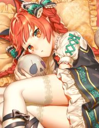 Rule 34 | 1girl, alternate costume, animal ears, bow, braid, cat ears, cropped, dress, extra ears, frilled pillow, frills, hair bow, kaenbyou rin, kikugetsu, leg ribbon, looking at viewer, lying, on bed, on side, orange eyes, pillow, pointy ears, puffy sleeves, red hair, ribbon, short sleeves, skull, solo, thighhighs, touhou, twin braids, white thighhighs