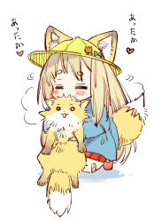 Rule 34 | 1girl, = =, animal, animal ear fluff, animal ears, blonde hair, blue dress, blush stickers, closed eyes, dress, ears through headwear, fox, fox ears, fox girl, fox tail, full body, hat, highres, holding, holding animal, kindergarten uniform, kneeling, long hair, mito (go!go!king!), original, pleated skirt, red footwear, red skirt, school hat, shadow, shoes, short eyebrows, skirt, solo, tail, thick eyebrows, translation request, very long hair, white background, yellow hat
