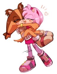 Rule 34 | 2girls, amy rose, animal ears, animal nose, badger, badger ears, badger tail, carrying, carrying person, closed eyes, furry, furry female, hedgehog, hedgehog ears, hedgehog tail, highres, hug, multiple girls, open mouth, pam3le, pink fur, princess carry, sonic (series), sonic boom (series), sticks the badger, tail