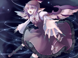 Rule 34 | 1girl, animal ears, fangs, female focus, fingernails, green nails, hat, long fingernails, myaaco, mystia lorelei, nail polish, outstretched arms, outstretched hand, pink eyes, pink hair, short hair, solo, spread arms, tears, touhou, wings