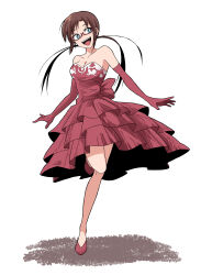 Rule 34 | 1girl, :d, absurdres, bare shoulders, breasts, brown hair, cleavage, collarbone, dress, elbow gloves, evening gown, floating hair, full body, glasses, gloves, green eyes, head tilt, high heels, highres, layered dress, long hair, looking to the side, makinami mari illustrious, medium breasts, neon genesis evangelion, open mouth, pumps, rebuild of evangelion, red-framed eyewear, red dress, red footwear, red gloves, sashimi (sasihmi), semi-rimless eyewear, simple background, smile, solo, standing, standing on one leg, strapless, strapless dress, twintails, under-rim eyewear, white background