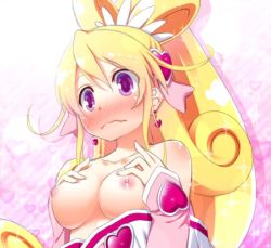 Rule 34 | 1girl, aida mana, bad id, bad pixiv id, bare shoulders, blonde hair, blush, breasts, brooch, clothes pull, cure heart, dokidoki! precure, earrings, hair ornament, half updo, heart, heart brooch, jewelry, kago no tori, long hair, magical girl, medium breasts, nipples, open mouth, pink eyes, ponytail, precure, shirt pull, solo, wavy mouth