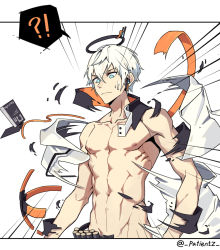 Rule 34 | !?, 1boy, abs, ammunition, arknights, blue eyes, closed mouth, unworn clothes, collarbone, executor (arknights), hair between eyes, halo, male focus, motion lines, patient zero, solo, sweatdrop, toned, toned male, torn clothes, twitter username, white background, white hair