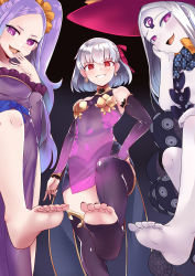 Rule 34 | 3girls, abigail williams (fate), abigail williams (third ascension) (fate), absurdres, bare shoulders, barefoot, black bow, black headwear, blush, bow, breasts, closed mouth, colored skin, detached sleeves, dress, earrings, fate/grand order, fate (series), feet, foot focus, forehead, grin, hair between eyes, hair ornament, hair ribbon, hair scrunchie, hat, highres, jewelry, kama (fate), kama (first ascension) (fate), keyhole, legs, long hair, looking at viewer, multiple girls, no shoes, orange bow, parted bangs, pelvic curtain, pink ribbon, purple dress, purple eyes, purple hair, purple legwear, purple sleeves, red eyes, ribbon, ring, sash, scrunchie, senbon tsuki, short hair, sleeveless, sleeveless dress, small breasts, smile, soles, tentacles, thighs, third eye, toeless legwear, toes, twintails, very long hair, white hair, white skin, witch hat, wu zetian (fate), yellow scrunchie