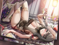 Rule 34 | 1girl, absurdres, azur lane, bad id, bad pixiv id, breast curtains, breasts, brown dress, buko (bukosuki), charybdis (azur lane), charybdis (red chamber of healing) (azur lane), cleavage, dress, feather boa, flower, grey eyes, grey hair, hand in own hair, highres, indoors, lantern, large breasts, long hair, looking at viewer, lying, manjuu (azur lane), nail polish, no shoes, official alternate costume, on back, paper lantern, soles, solo, thighhighs, vase, white thighhighs, yellow flower