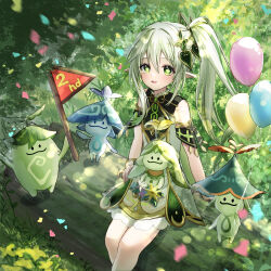 1girl :d aranara_(genshin_impact) balloon bloomers bracelet commentary_request cowboy_shot dappled_sunlight detached_sleeves dress english_text fallen_tree flag genshin_impact gold_trim gradient_hair green_hair green_sleeves hair_between_eyes hair_ornament highres holding holding_balloon holding_flag jewelry light_blush looking_at_viewer multicolored_hair nahida_(genshin_impact) nail_polish open_mouth outdoors shiroichigo side_ponytail sitting sitting_on_log sleeveless sleeveless_dress smile sunlight underwear white_bloomers white_dress white_hair