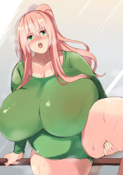 Rule 34 | 1girl, big belly, body heat, breasts, cup-chan, fat, green eyes, highres, holding, huge breasts, leg up, leotard, long hair, long sleeves, looking at viewer, mirror, original, pink hair, plump, ponytail, railing, steam, steaming body, sweat, thick thighs, thighs, wide hips