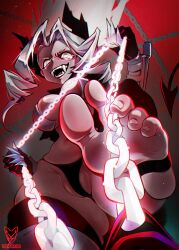 Rule 34 | 1girl, artist logo, black horns, bra, breasts, chain, clawed gauntlets, cleavage, demon girl, demon horns, demon tail, fangs, feet, femdom, from below, gauntlets, gloves, glowing, glowing eyes, helltaker, highres, horns, judgement (helltaker), large breasts, leash, looking at viewer, navel, open clothes, open mouth, partially visible vulva, pov, ringed eyes, soles, solo, spiked horns, stepped on, stirrup legwear, string, tail, toeless legwear, toes, underboob, underwear, viewer on leash, white eyes, white hair, yeougui
