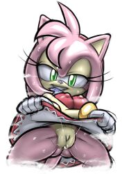 Rule 34 | 1girl, amy rose, animal ears, animal nose, anus, bare shoulders, body fur, breasts, breath, cleft of venus, clitoral hood, clothes lift, condom, condom in mouth, condom wrapper, covered erect nipples, cropped legs, crossed arms, dress, dress lift, female focus, from below, furry, furry female, gloves, gluteal fold, green eyes, grin, hairband, half-closed eyes, happy, highres, lifted by self, looking at viewer, looking down, medium breasts, mouth hold, pink fur, pink hair, presenting, pussy, pussy juice, pussy juice trail, red dress, red hairband, rockthebull, short dress, short hair, sidelocks, simple background, sketch, sleeveless, sleeveless dress, smile, solo, sonic (series), spread legs, standing, steam, steaming body, sweat, tail, teeth, thighs, white background, white gloves
