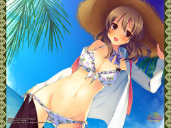 Rule 34 | 1girl, bikini, blue sky, bow, bowtie, breasts, brown eyes, brown hair, cleavage, clothes pull, day, dress shirt, dutch angle, floral print, groin, halterneck, hat, highres, kunai uri, kusakabe miharu, looking at viewer, medium breasts, navel, necktie, one-piece swimsuit pull, open clothes, open shirt, palm tree, print bikini, shirt, side-tie bikini bottom, sky, smile, solo, straw hat, sucre, swimsuit, tree, wallpaper, water