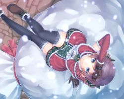 Rule 34 | 1girl, black thighhighs, blue eyes, brown gloves, brown hair, christmas, detached sleeves, from above, gloves, looking at viewer, noppi (noppi 98), original, sack, short hair, sitting, skirt, snowing, solo, thighhighs, twintails, zettai ryouiki