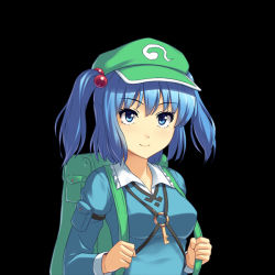 Rule 34 | 1girl, athrun1120, backpack, bad id, bad pixiv id, bag, black background, blue eyes, blue hair, breasts, hair bobbles, hair ornament, hat, kawashiro nitori, key, looking at viewer, matching hair/eyes, medium breasts, short hair, simple background, smile, solo, touhou, twintails, two side up, vest