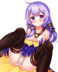 Rule 34 | 1girl, 2drr, ahoge, azur lane, bare shoulders, black thighhighs, blush, breasts, closed mouth, collarbone, commentary request, cosplay, dress, elbow gloves, fingerless gloves, gloves, hair censor, hair over breasts, head tilt, long hair, looking at viewer, medium breasts, panties, purple dress, purple eyes, purple gloves, purple hair, simple background, smile, solo, thighhighs, underwear, unicorn (azur lane), unicorn (little star songstress) (azur lane), vocaloid, vocanese, white background, white panties, xingchen, xingchen (cosplay)
