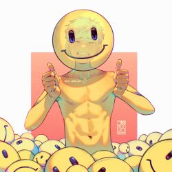 Rule 34 | 1boy, abs, clenched teeth, closed eyes, colored skin, commentary request, crying, emoji, highres, jezz mons art, male focus, navel, original, sad, short hair, solo, streaming tears, tears, teeth, thumbs up, toned, toned male, twitter username, yellow skin
