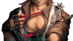 Rule 34 | 1boy, adjusting clothes, adjusting necktie, bara, close-up, gallagher (honkai: star rail), highres, honkai: star rail, honkai (series), male focus, necktie, noomppan, official alternate costume, pectoral cleavage, pectoral focus, pectorals, solo, sparse chest hair, sparse stubble, undressing, upper body