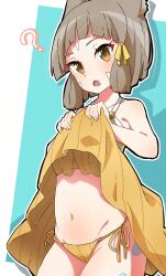 Rule 34 | 1girl, ?, absurdres, animal ears, bikini, brown eyes, cat ears, clothes lift, dress, dress lift, dress swimsuit, facial mark, fang, grey hair, hair ribbon, highena, highres, lifted by self, looking at viewer, navel, nia (fancy sundress) (xenoblade), nia (xenoblade), official alternate costume, open mouth, ribbed swimsuit, ribbon, short hair, side-tie bikini bottom, solo, stomach, swimsuit, whisker markings, xenoblade chronicles (series), xenoblade chronicles 2, yellow dress