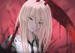 Rule 34 | 1girl, black jacket, black necktie, blonde hair, blood, blood on clothes, blood on face, chainsaw man, collared shirt, cross-shaped pupils, dripping, hemokinesis, highres, horns, jacket, long hair, looking at viewer, marinesnow, necktie, off shoulder, oni horns, power (chainsaw man), scythe, shirt, sidelocks, solo, symbol-shaped pupils, tongue, tongue out, upper body, white shirt