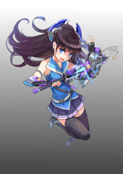 Rule 34 | 1girl, absurdres, black gloves, black thighhighs, blue eyes, blush, brown hair, character request, circular saw, copyright request, fingerless gloves, full body, gloves, highres, long hair, looking at viewer, open mouth, qihai lunpo, saw, smile, solo, thighhighs