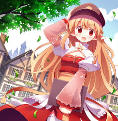 Rule 34 | 1girl, arch bishop (ragnarok online), blonde hair, blunt bangs, blush, book, breasts, brown hat, building, bush, cleavage, cloud, commentary request, cowboy shot, cross, doridori, dress, dutch angle, falling leaves, flower, frilled sleeves, frills, hair between eyes, hand on headwear, hat, holding, holding book, house, in-universe location, juliet sleeves, leaf, long hair, long sleeves, looking at viewer, open mouth, outdoors, peaked cap, pink flower, pointy ears, puffy sleeves, ragnarok online, red dress, red eyes, red flower, sash, sky, solo, standing, thighhighs, white dress, white thighhighs, window, yellow sash