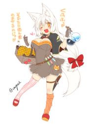 Rule 34 | 1girl, animal ear fluff, animal ears, basket, belt, black dress, black gloves, blonde hair, breasts, capelet, cleavage, dress, eyebrows, fang, flask, fox ears, fox tail, gloves, heart, holster, knife, kohaku (yua), large breasts, long hair, looking at viewer, low-tied long hair, one eye closed, open mouth, original, round-bottom flask, single thighhigh, slit pupils, smile, solo, tail, test tube, thick eyebrows, thigh holster, thighhighs, very long hair, yellow eyes, yua (checkmate)
