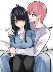 Rule 34 | 1boy, 1girl, antenna hair, arm around waist, black hair, blue cardigan, blue eyes, blush, breasts, brown hair, cardigan, casual, closed mouth, commentary, couch, cowboy shot, dress shirt, earrings, eyebrows hidden by hair, frown, genderswap, genderswap (ftm), genderswap (mtf), go-toubun no hanayome, hair between eyes, hand on another&#039;s shoulder, hetero, highres, hug, hug from behind, jewelry, large breasts, long hair, long sleeves, looking at another, looking at viewer, mame1645, motion lines, nakano ichika, on couch, parted lips, pink hair, profile, school uniform, shirt, short hair, shy, sidelocks, simple background, sitting, stud earrings, sweatdrop, swept bangs, uesugi fuutarou, white background, white shirt