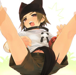 Rule 34 | 1boy, blush, brown eyes, brown hair, child, collar, coo erhard, di gi charat, dog tail, fang, hat, male focus, open mouth, panda, shiogochi, shirt, shorts, simple background, solo, spread legs, sweat, tail, white background