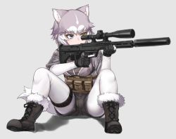 Rule 34 | 1girl, :&lt;, aiming, alternate costume, animal ear fluff, animal ears, belt pouch, black gloves, black shorts, blue eyes, boots, cross-laced footwear, dog (mixed breed) (kemono friends), dog ears, fingerless gloves, full body, fur-trimmed boots, fur trim, gloves, grey background, grey hair, gun, heterochromia, kemono friends, looking away, multicolored hair, nyifu, pantyhose, pouch, rifle, shorts, simple background, sitting, sniper rifle, solo, spread legs, tactical clothes, thigh strap, trigger discipline, two-tone hair, weapon, white hair, white pantyhose, yellow eyes