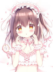 1girl animal_ears azumi_kazuki bare_shoulders bed_sheet blush breasts brown_hair commentary_request fake_animal_ears floppy_ears frilled_hairband frills hair_between_eyes hairband hands_up highres looking_at_viewer original parted_lips petals pink_hairband pink_ribbon rabbit_ears ribbon small_breasts solo upper_body wrist_cuffs yellow_eyes