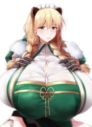Rule 34 | 1girl, absurdres, animal ears, apron, bear ears, blonde hair, braid, breasts, button gap, commentary, covered erect nipples, frigga (last origin), gigantic breasts, green apron, green eyes, hands on own chest, highres, hiiaru, last origin, lips, looking at viewer, panties, pelvic curtain, puffy areolae, ribbon, shirt, side-tie panties, smile, solo, twin braids, underwear, upper body, white background, white shirt