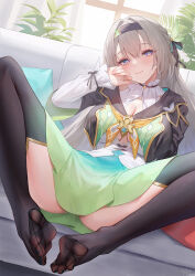Rule 34 | 1girl, aqua nails, black hairband, black jacket, black thighhighs, blush, bow, breasts, center opening, cleavage, closed mouth, couch, cropped jacket, day, double-parted bangs, dutch angle, feet, firefly (honkai: star rail), foot focus, green skirt, grey hair, hair between eyes, hair intakes, hairband, highres, honkai: star rail, honkai (series), indoors, jacket, knee up, large breasts, long hair, long sleeves, looking at viewer, nail polish, on couch, presenting foot, purple eyes, senba (592683801), shirt, skirt, smile, solo, spread legs, thighhighs, toenail polish, toenails, toes, white shirt