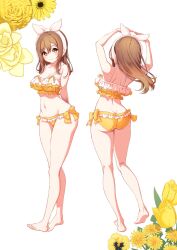 Rule 34 | 1girl, amagi (volfuji), arms behind back, arms up, ass, back, bare arms, bare legs, barefoot, bikini, blush, bow, bow bikini, breasts, brown eyes, brown hair, cleavage, closed mouth, collarbone, commentary, curvy, dimples of venus, double-parted bangs, feet, floating hair, floral background, flower, frilled bikini, frills, from behind, full body, hair between eyes, hair ribbon, highres, kunikida hanamaru, large breasts, legs, long hair, love live!, love live! sunshine!!, multiple views, navel, orange bikini, orange bow, ribbon, shading eyes, simple background, smile, soles, solo, standing, straight hair, swimsuit, tareme, thighs, toes, white background, white ribbon, yellow flower