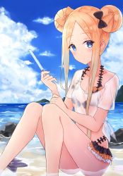 Rule 34 | 1girl, abigail williams (fate), akaya (pixiv20545353), bikini, bikini skirt, black bikini, black bow, blonde hair, blue eyes, blush, bow, breasts, collarbone, day, fate/grand order, fate (series), hair bow, highres, holding, in water, long hair, looking at viewer, official alternate costume, orange bow, outdoors, parted bangs, polka dot, polka dot bow, see-through, sitting, small breasts, solo, swimsuit, very long hair