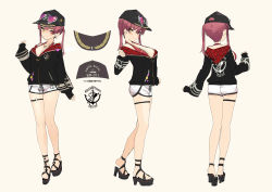 Rule 34 | 1girl, akasaai, ankle strap, arrow through heart, back, backboob, bare legs, baseball cap, bikini, bikini under clothes, black footwear, black headwear, black jacket, blush, breasts, cleavage, clenched hand, closed mouth, commentary, concept art, eyewear on headwear, from behind, full body, hair between eyes, halterneck, hat, heart, heart-shaped eyewear, heterochromia, highres, hololive, houshou marine, houshou marine (summer), insignia, jacket, jewelry, long sleeves, looking at viewer, medium breasts, medium hair, multiple views, necklace, o-ring, o-ring legwear, o-ring thigh strap, off shoulder, official alternate costume, official art, partially unzipped, plaid, platform footwear, red bikini, red eyes, red hair, sandals, short shorts, shorts, simple background, sleeves past wrists, smile, standing, sunglasses, swimsuit, thigh strap, thighs, twintails, two-sided fabric, two-sided jacket, virtual youtuber, white shorts, yellow background, yellow eyes