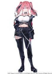 Rule 34 | 1girl, :q, azur lane, bandeau, bare shoulders, belt, black belt, black choker, black footwear, black jacket, black pants, black ribbon, blush, boots, breasts, bremerton (azur lane), chain, choker, cleavage, closed mouth, clothing cutout, collarbone, commentary request, crop top, fishnets, full body, grey hair, groin, hair between eyes, hair intakes, hair ribbon, hand in pocket, heart, heart choker, jacket, large breasts, long hair, long sleeves, looking at viewer, midriff, miwano rag, mole, mole under eye, multicolored hair, navel, o-ring, off shoulder, official alternate costume, official art, pants, pink eyes, pink hair, ribbon, sidelocks, simple background, smile, solo, standing, streaked hair, tachi-e, taut clothes, thigh cutout, tongue, tongue out, twintails, two-tone hair, white background, white bandeau, zipper, zozotown