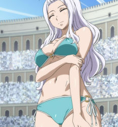 Rule 34 | 1girl, bikini, breasts, closed eyes, fairy tail, highres, large breasts, long hair, mirajane strauss, screencap, smile, solo, stitched, swimsuit, third-party edit, white hair